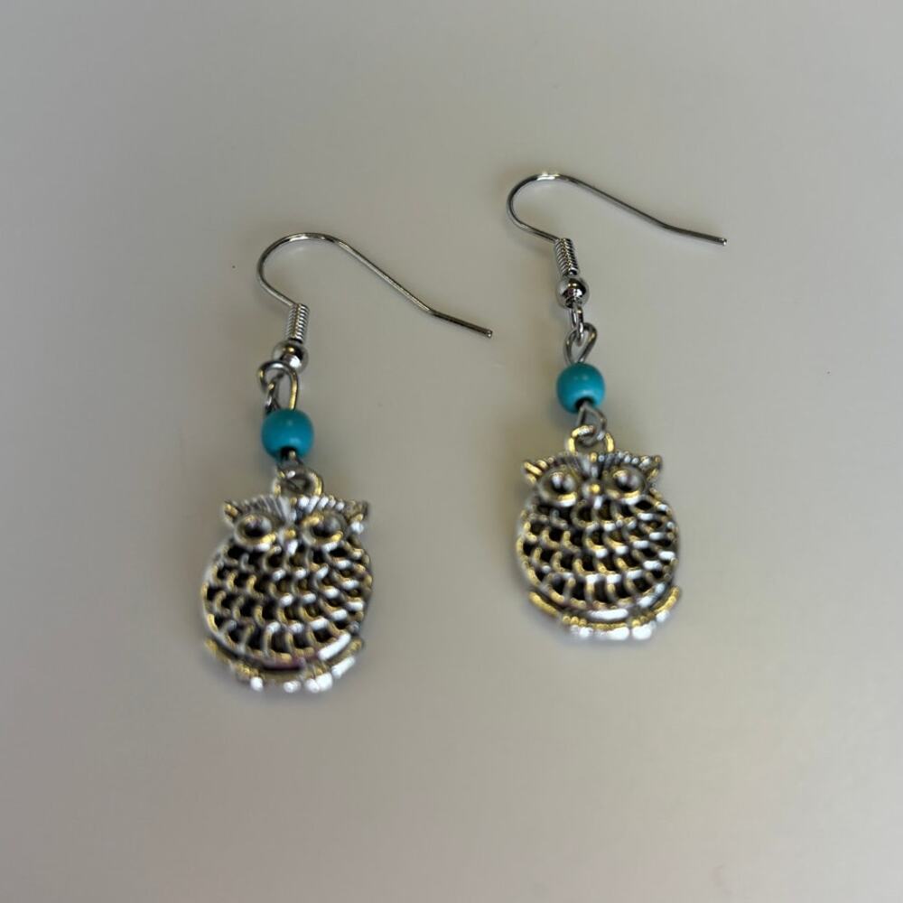 Turquoise Silver Tone Faux Western Boho Southwestern Cowgirl Owl Earrings NEW